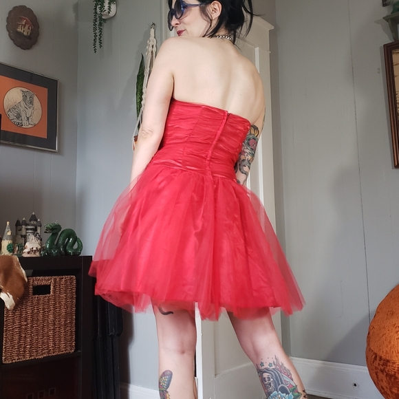 SOLD 80s Vintage Red Tulle Minidress Medium Sheer 1980s Prom Party Mini Dress - Picture 10 of 15